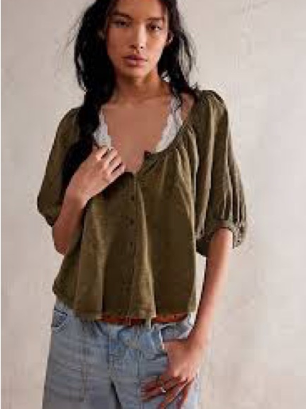 We The Free Sunset Tee Olive Green Button-Front Peasant Blouse size L
